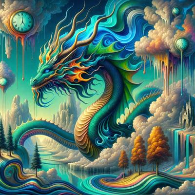 Primary subject: A large, colorful dragon with a clock on its head.

Setting/background: The dragon is surrounded by a surreal, dreamlike landscape with a body of water, trees, and clouds.

Visual style: The image is a digital art piece, featuring a vibrant and imaginative scene.

Colors and mood: The colors are predominantly blue, green, and orange, creating a lively and whimsical atmosphere.